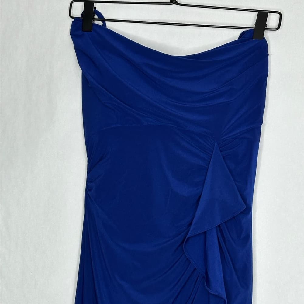 NWT Morgan & Co Blue Cowl Neck Ruffle Gown Slit Size 3 Juniors Formal Dress Prom - Thumbnail 5