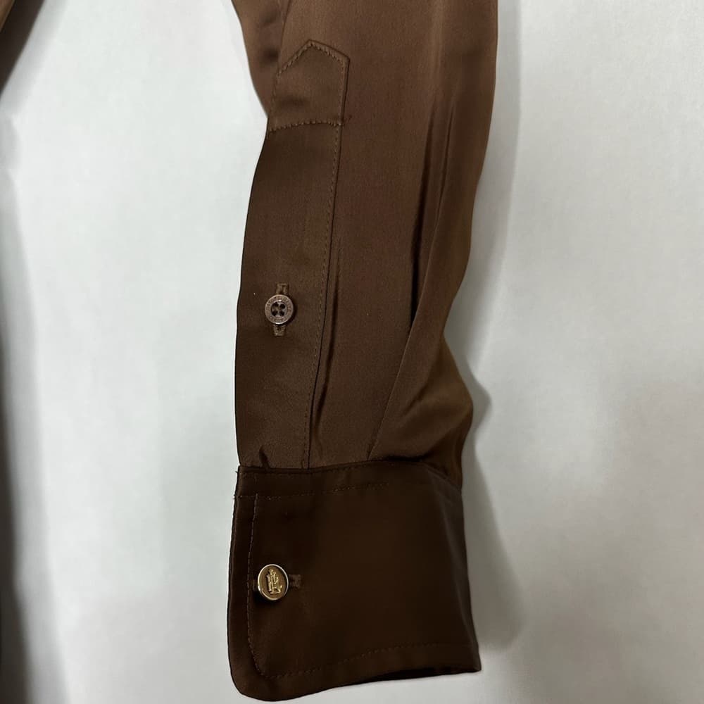 Olsen Brown Long Sleeve Ruffle Front Midi Shirt Dress Tie Waist See Measurements - Thumbnail 3