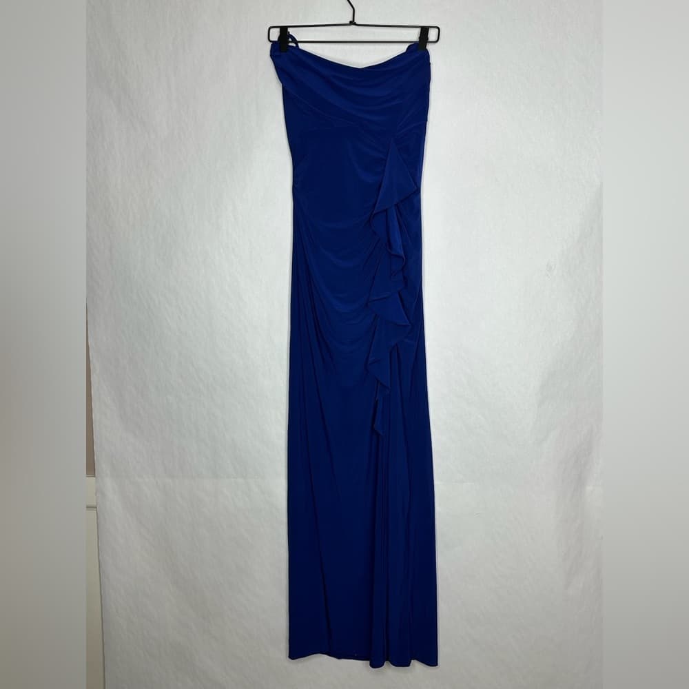 NWT Morgan & Co Blue Cowl Neck Ruffle Gown Slit Size 3 Juniors Formal Dress Prom - Thumbnail 3