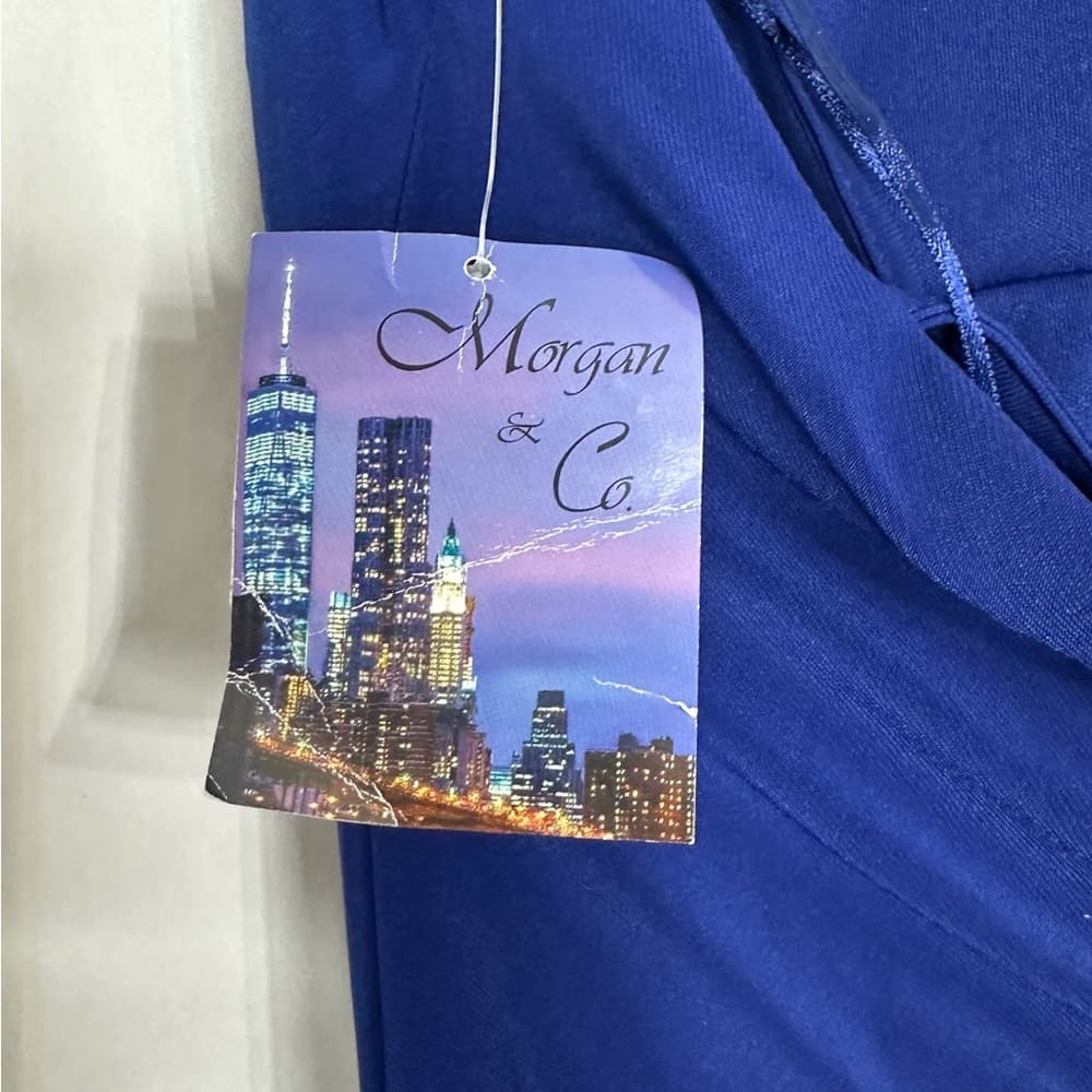 NWT Morgan & Co Blue Cowl Neck Ruffle Gown Slit Size 3 Juniors Formal Dress Prom - Thumbnail 9