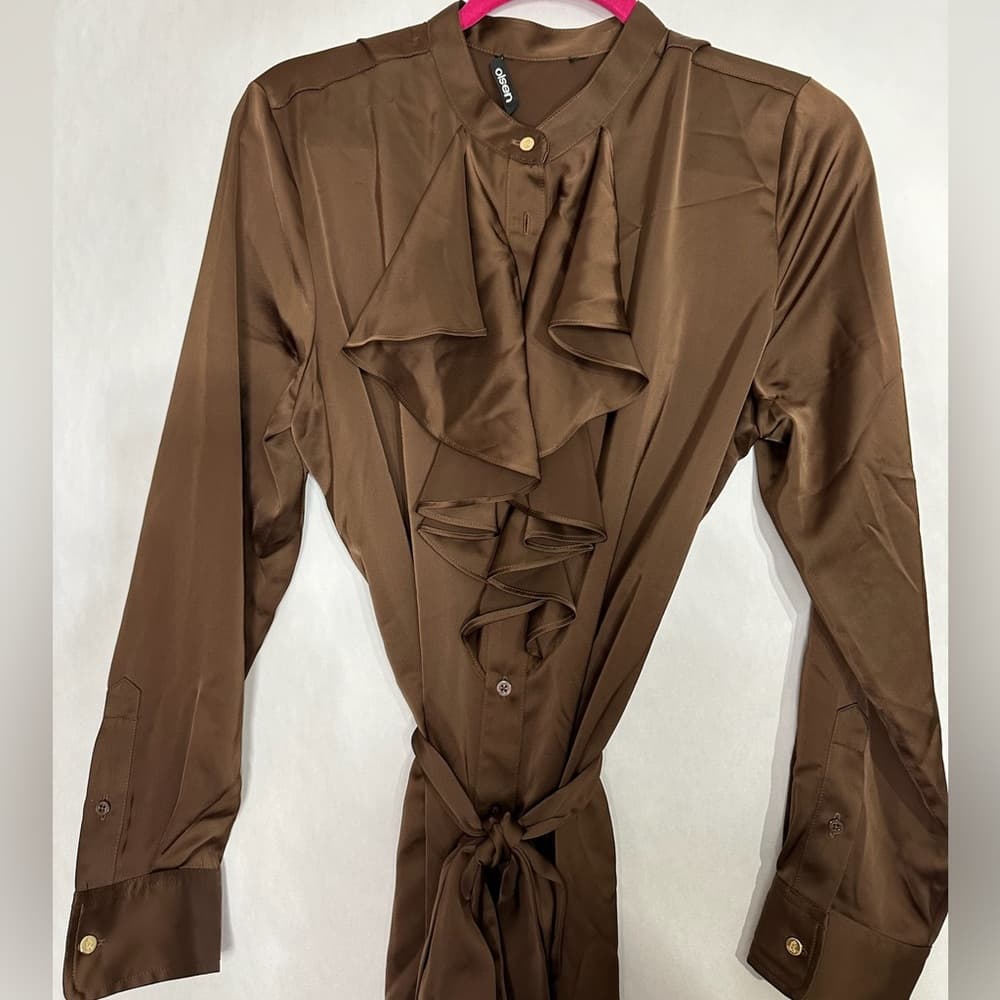 Olsen Brown Long Sleeve Ruffle Front Midi Shirt Dress Tie Waist See Measurements - Thumbnail 2