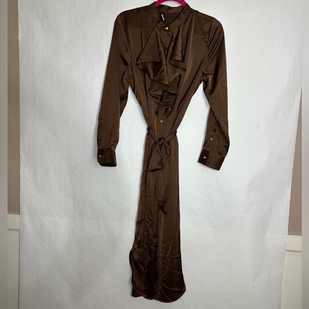 Olsen Brown Long Sleeve Ruffle Front Midi Shirt Dress Tie Waist See Measurements