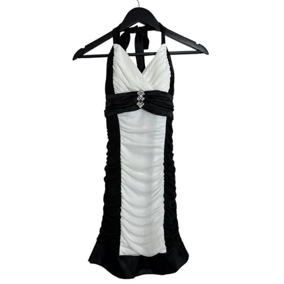 Deb Black White Halter Mini Dress Rhinestone Clubwear Cocktail Party Y2K Medium - Thumbnail 10