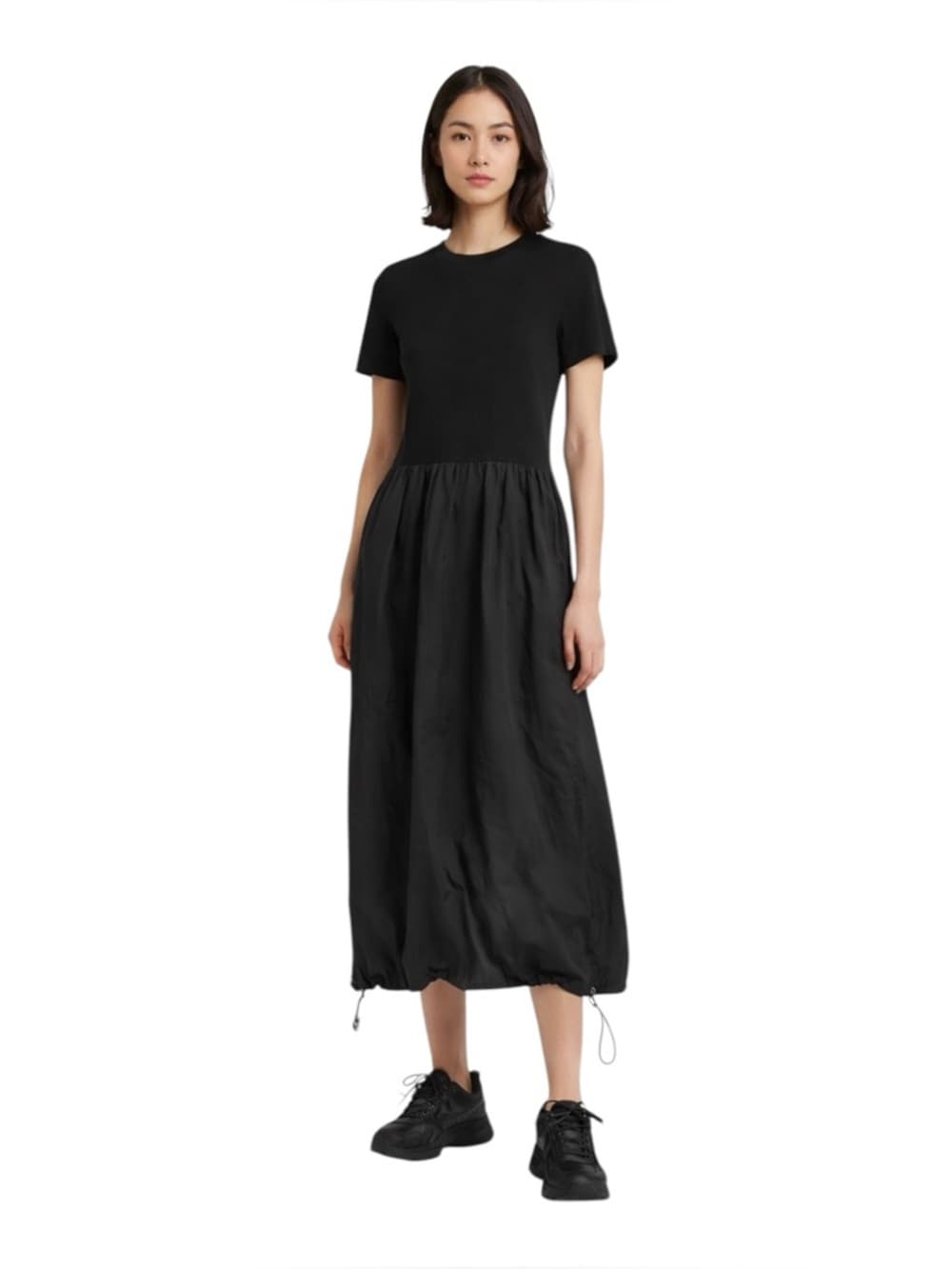 ASOS Design Black Dress Mixed Material Cinch Hem Balloon Skirt Minimalist US 4