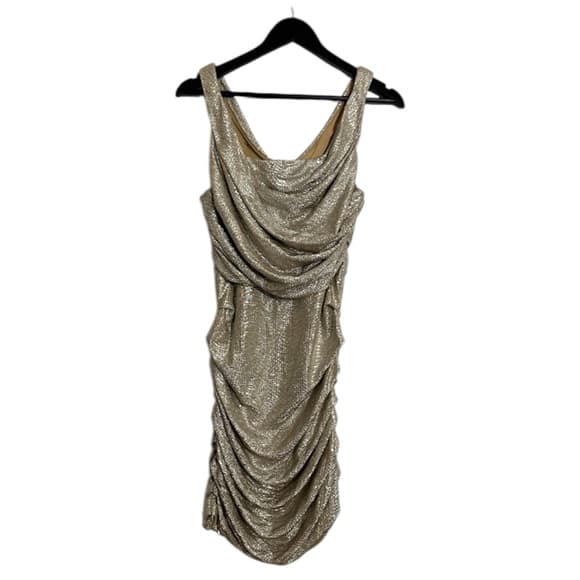 Express Champagne Metallic Ruched Sleeveless Bodycon Mini Y2K Dress Size 10 Glam - Thumbnail 10