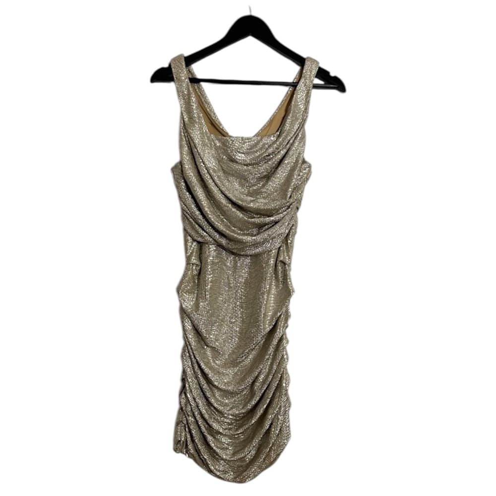 Express Champagne Metallic Ruched Sleeveless Bodycon Mini Y2K Dress Size 10 Glam - Thumbnail 9