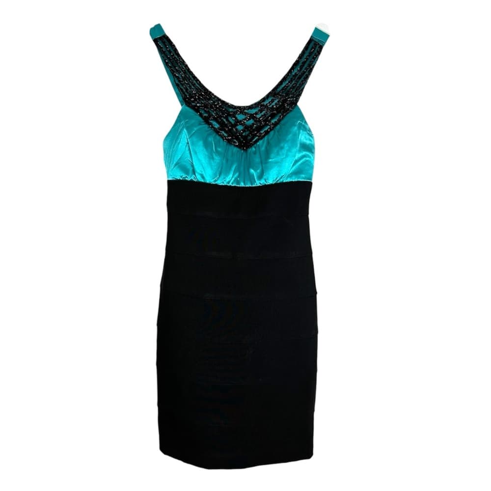 Trixxi Black & Teal Satin Bodycon Dress Y2K Beaded Cocktail Size 5 Juniors - Thumbnail 10