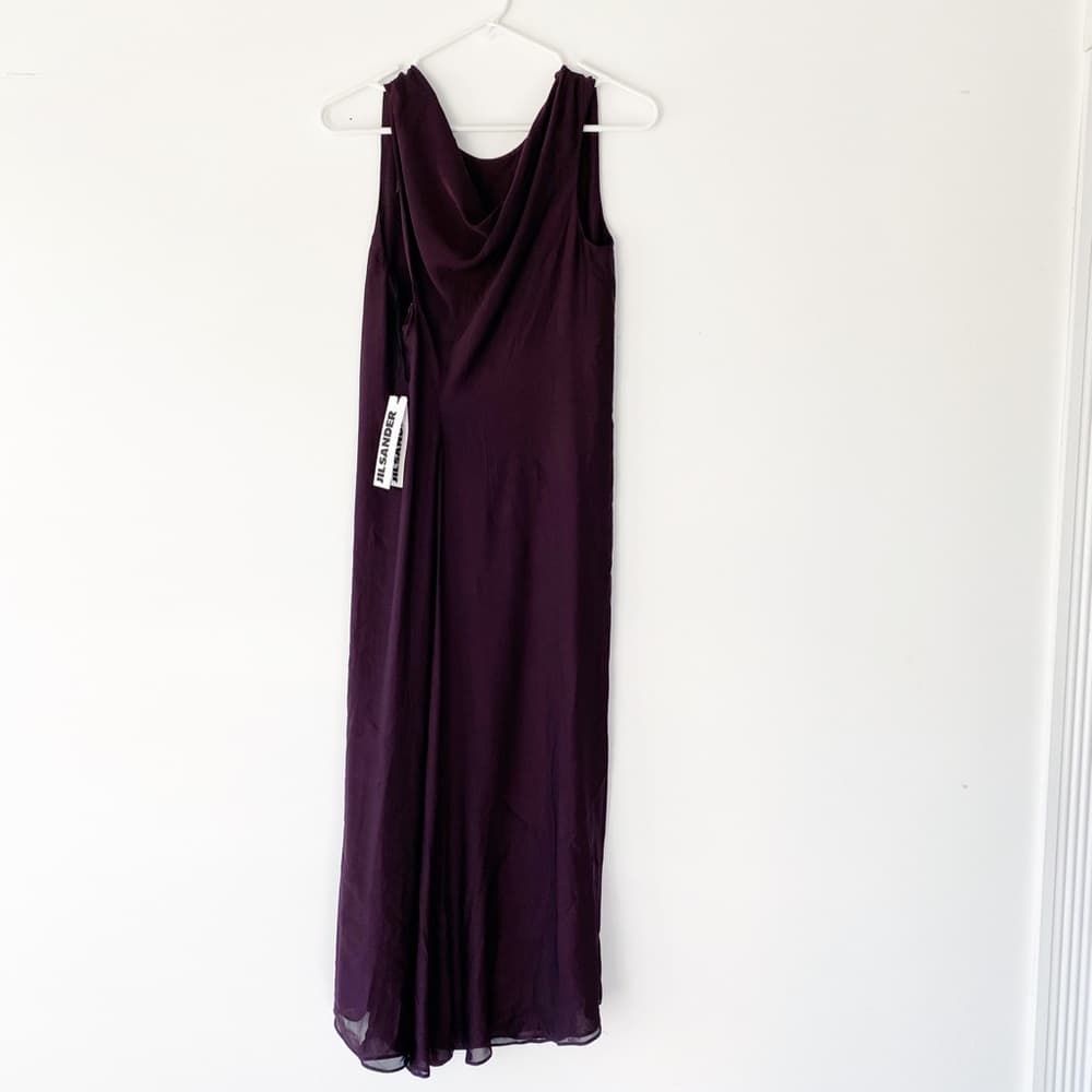 NWT JIL SANDER Runway Deep Plum Silk Chiffon Drape Neck Dress Y2K GR 36 / US 4
