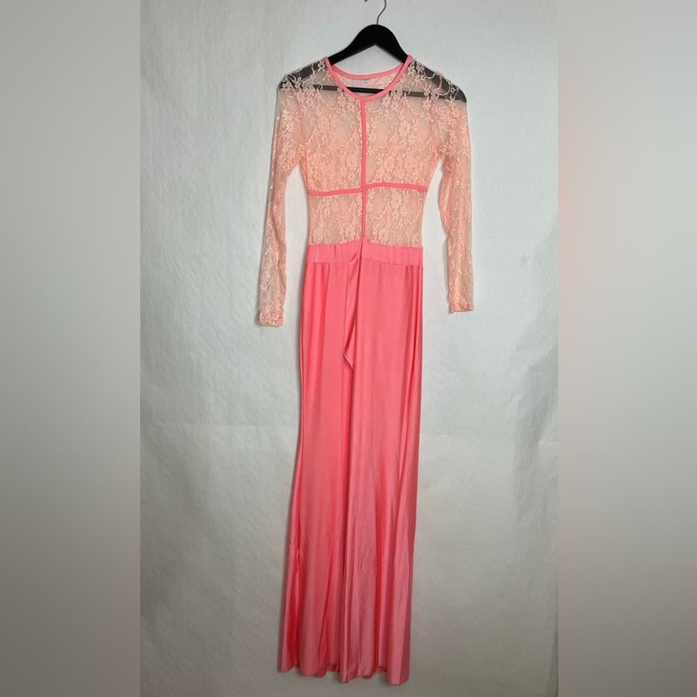 Vintage Sheer Lace Long Sleeve Maxi Dress Flamingo Pink Size Medium Romantic - Thumbnail 7