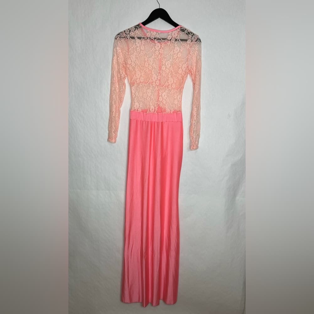 Vintage Sheer Lace Long Sleeve Maxi Dress Flamingo Pink Size Medium Romantic - Thumbnail 8