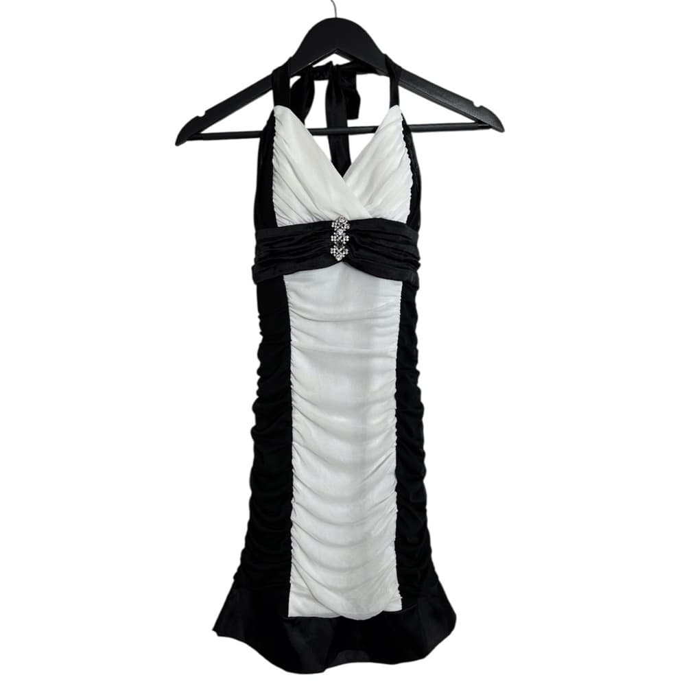 Deb Black White Halter Mini Dress Rhinestone Clubwear Cocktail Party Y2K Medium - Thumbnail 9