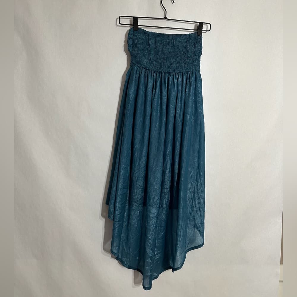 Mooloola Teal Strapless Ruched High-Low Shimmer Dress Y2K Vintage Size 8 - Thumbnail 3