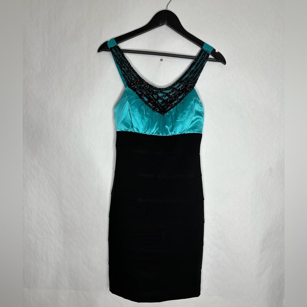 Trixxi Black & Teal Satin Bodycon Dress Y2K Beaded Cocktail Size 5 Juniors - Thumbnail 2