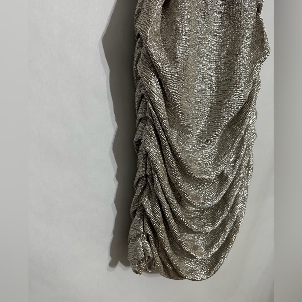Express Champagne Metallic Ruched Sleeveless Bodycon Mini Y2K Dress Size 10 Glam - Thumbnail 4