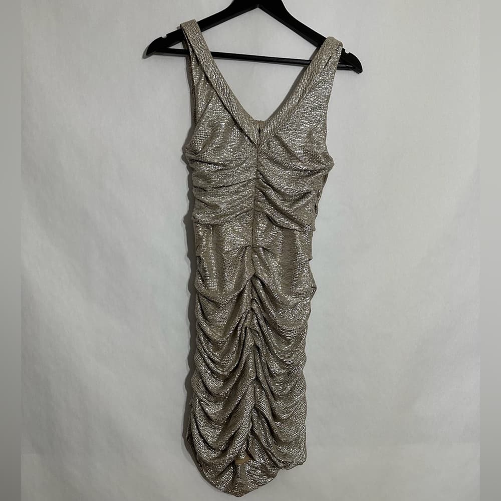 Express Champagne Metallic Ruched Sleeveless Bodycon Mini Y2K Dress Size 10 Glam - Thumbnail 5