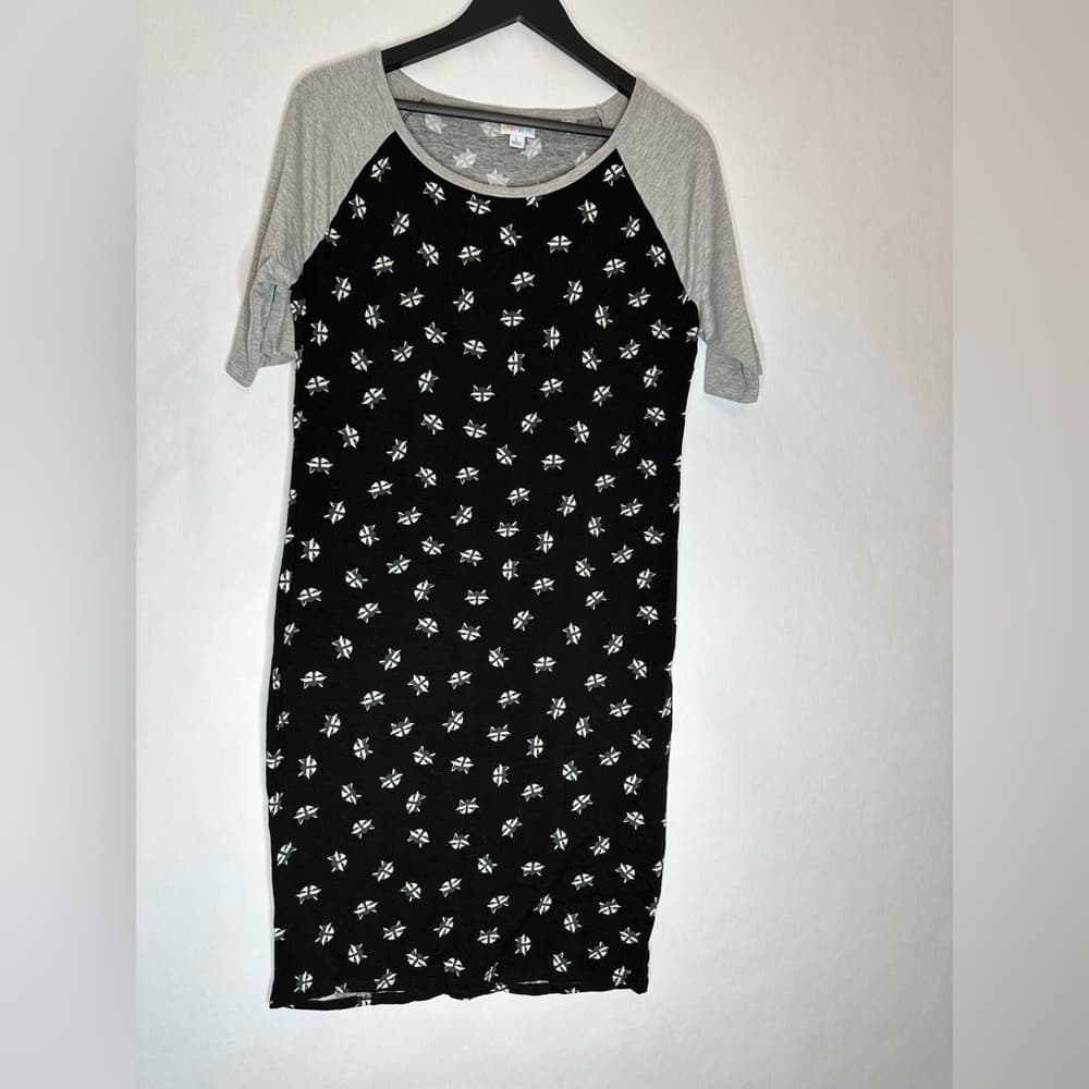 LuLaRoe Julia Dress Fox Face Print Black Raglan Sleeve Black White Grey Large