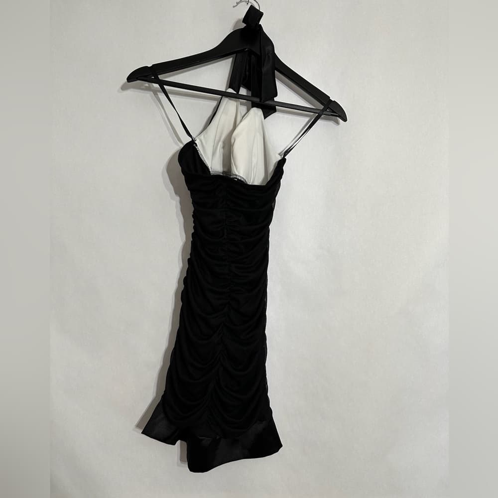 Deb Black White Halter Mini Dress Rhinestone Clubwear Cocktail Party Y2K Medium - Thumbnail 6