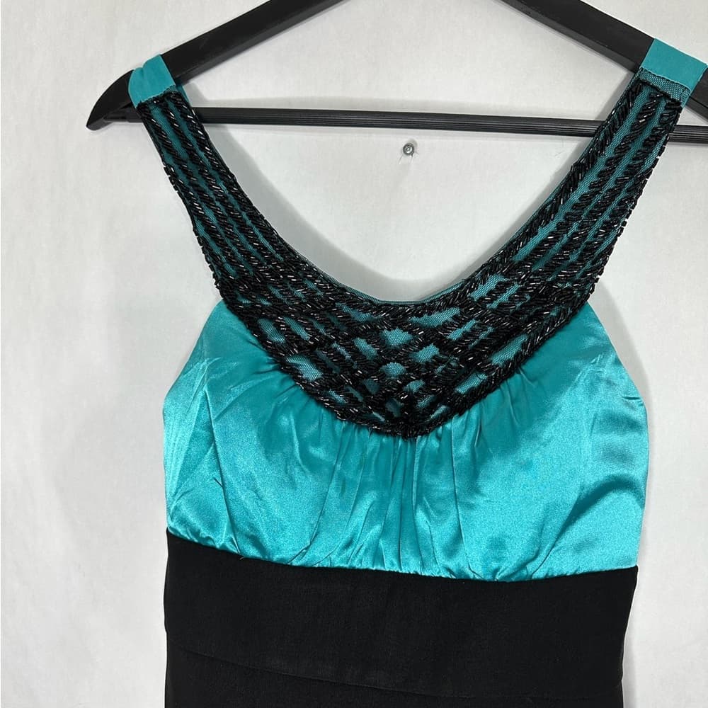 Trixxi Black & Teal Satin Bodycon Dress Y2K Beaded Cocktail Size 5 Juniors