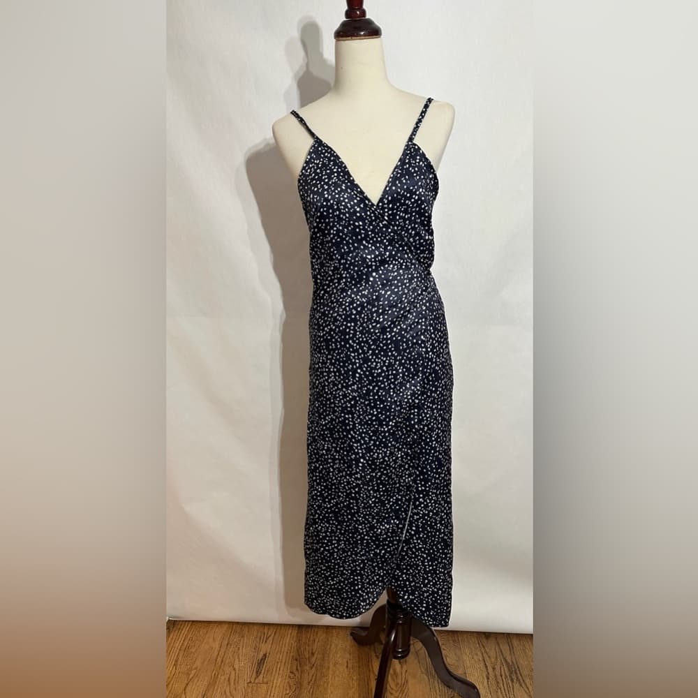 Navy Blue White Speckled Wrap Midi Dress Sundress Spaghetti Straps Size Large