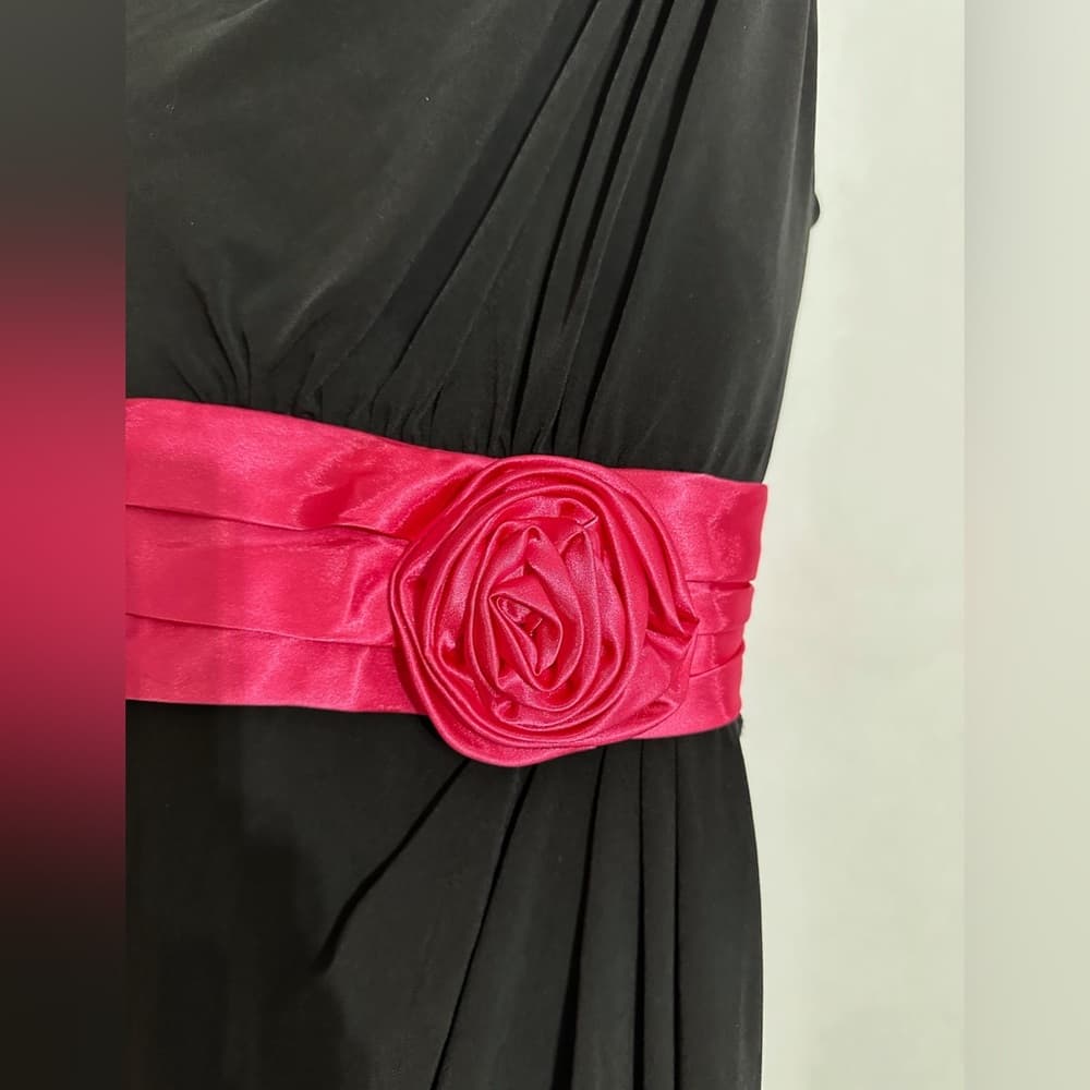 City Studio One Shoulder Black Dress Y2K Pink Satin Sash Size Small - Thumbnail 3