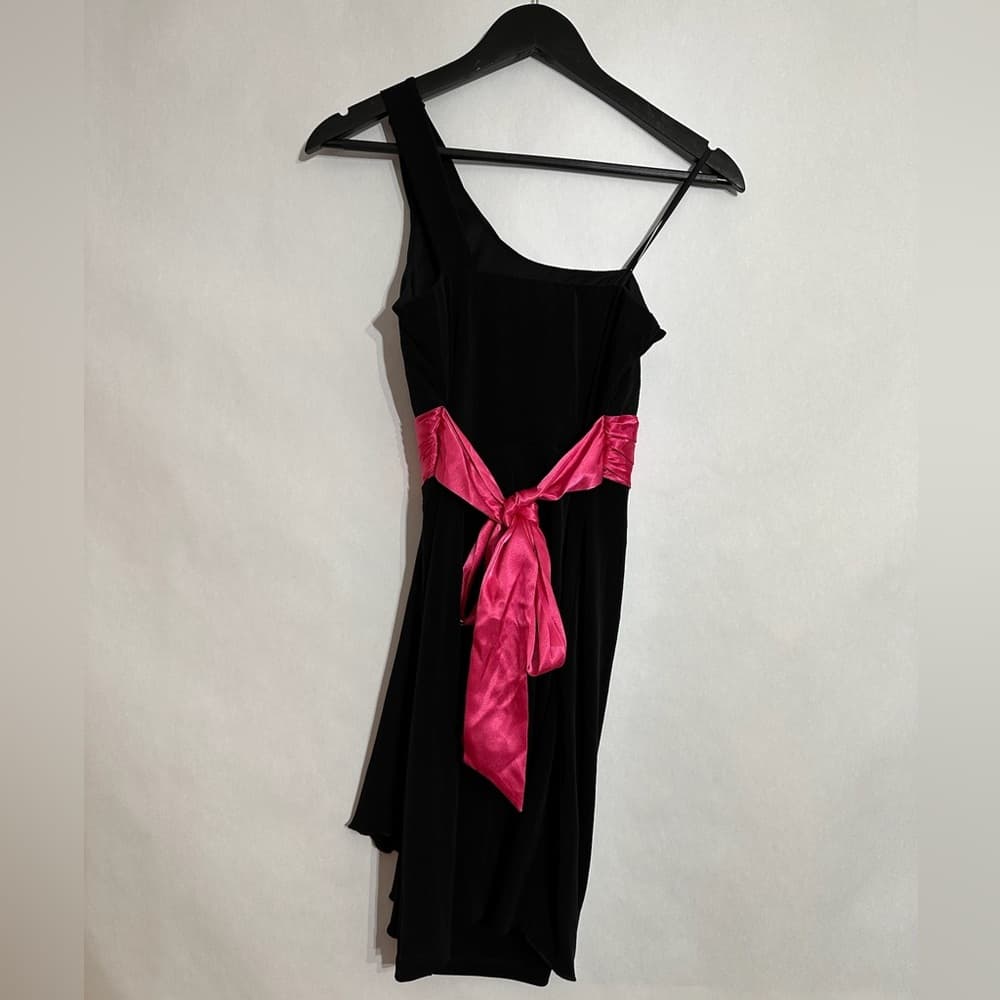 City Studio One Shoulder Black Dress Y2K Pink Satin Sash Size Small - Thumbnail 2