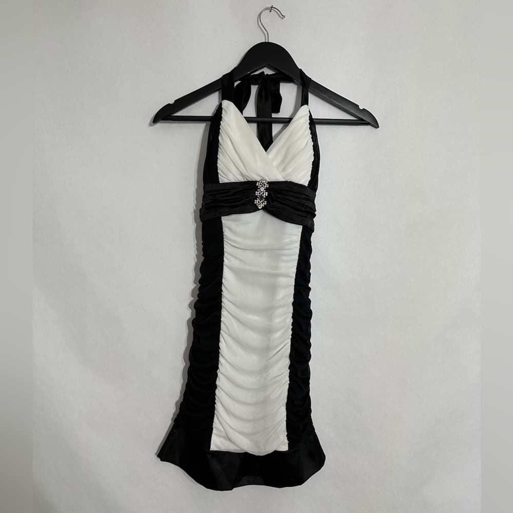 Deb Black White Halter Mini Dress Rhinestone Clubwear Cocktail Party Y2K Medium