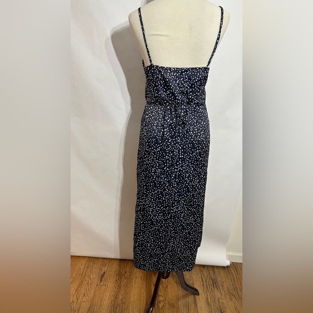 Navy Blue White Speckled Wrap Midi Dress Sundress Spaghetti Straps Size Large - Thumbnail 4