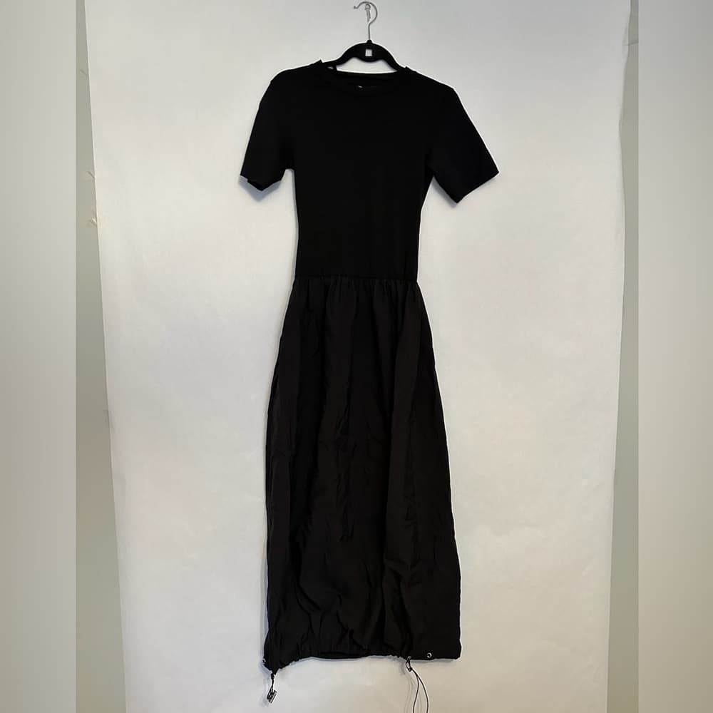 ASOS Design Black Dress Mixed Material Cinch Hem Balloon Skirt Minimalist US 4 - Thumbnail 3