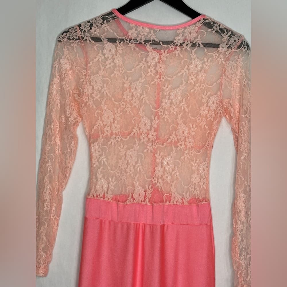Vintage Sheer Lace Long Sleeve Maxi Dress Flamingo Pink Size Medium Romantic - Thumbnail 5