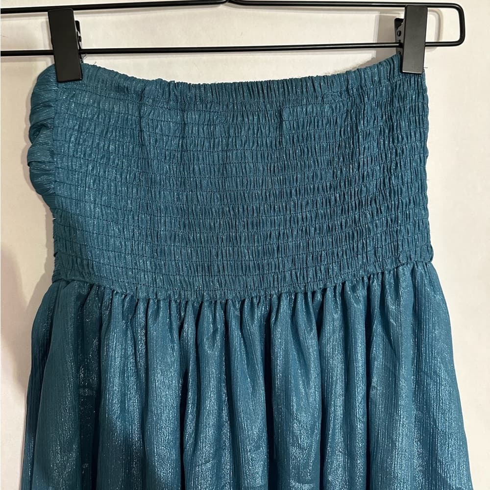 Mooloola Teal Strapless Ruched High-Low Shimmer Dress Y2K Vintage Size 8 - Thumbnail 4