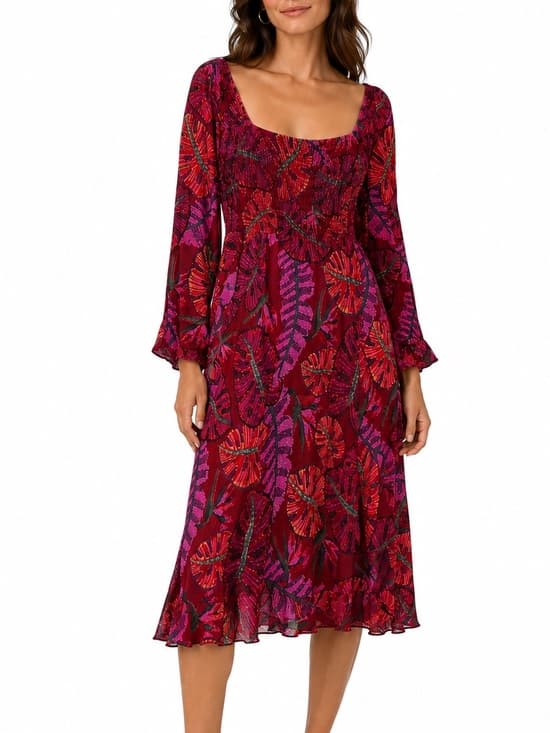 Farm Rio Delicate Leaves Midi Dress Red Tropical Leaf Print Size XL Resortwear - Thumbnail 17