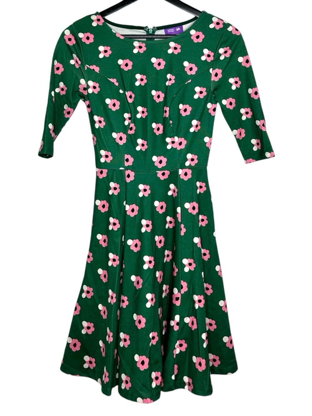 Unique Vintage Green Floral Fit & Flare Dress Pink Flower XS Cottagecore Whimsy - Thumbnail 8