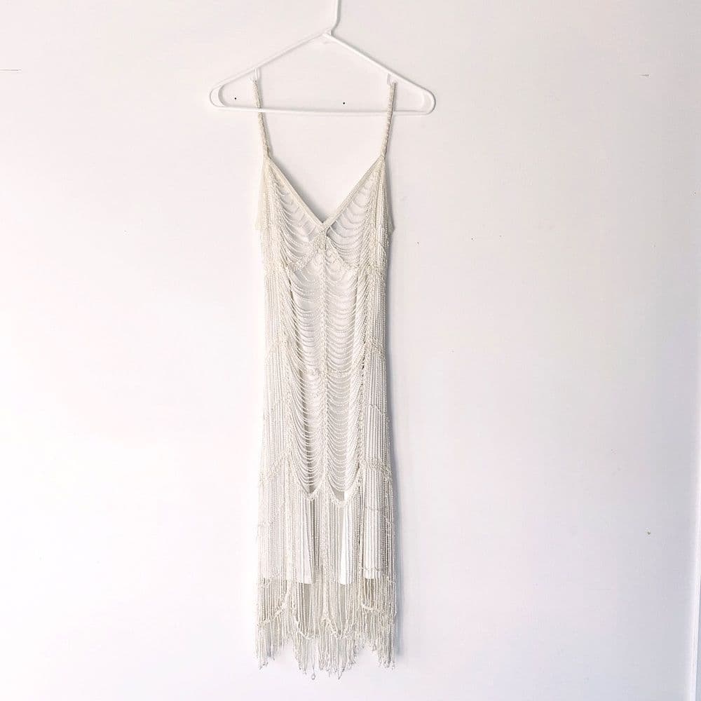 Marina Vintage Beaded Gatsby Style Fringe Dress Size Medium Slightly Off White