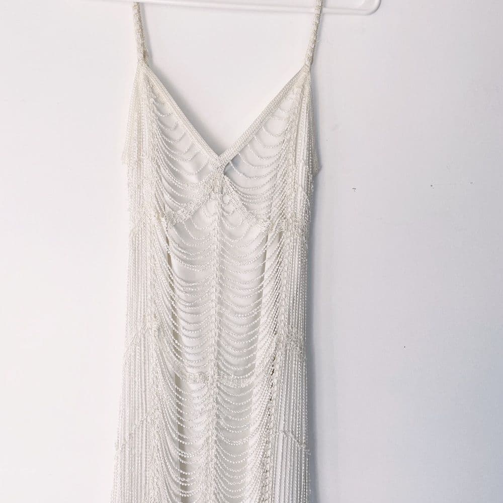 Marina Vintage Beaded Gatsby Style Fringe Dress Size Medium Slightly Off White - Thumbnail 3