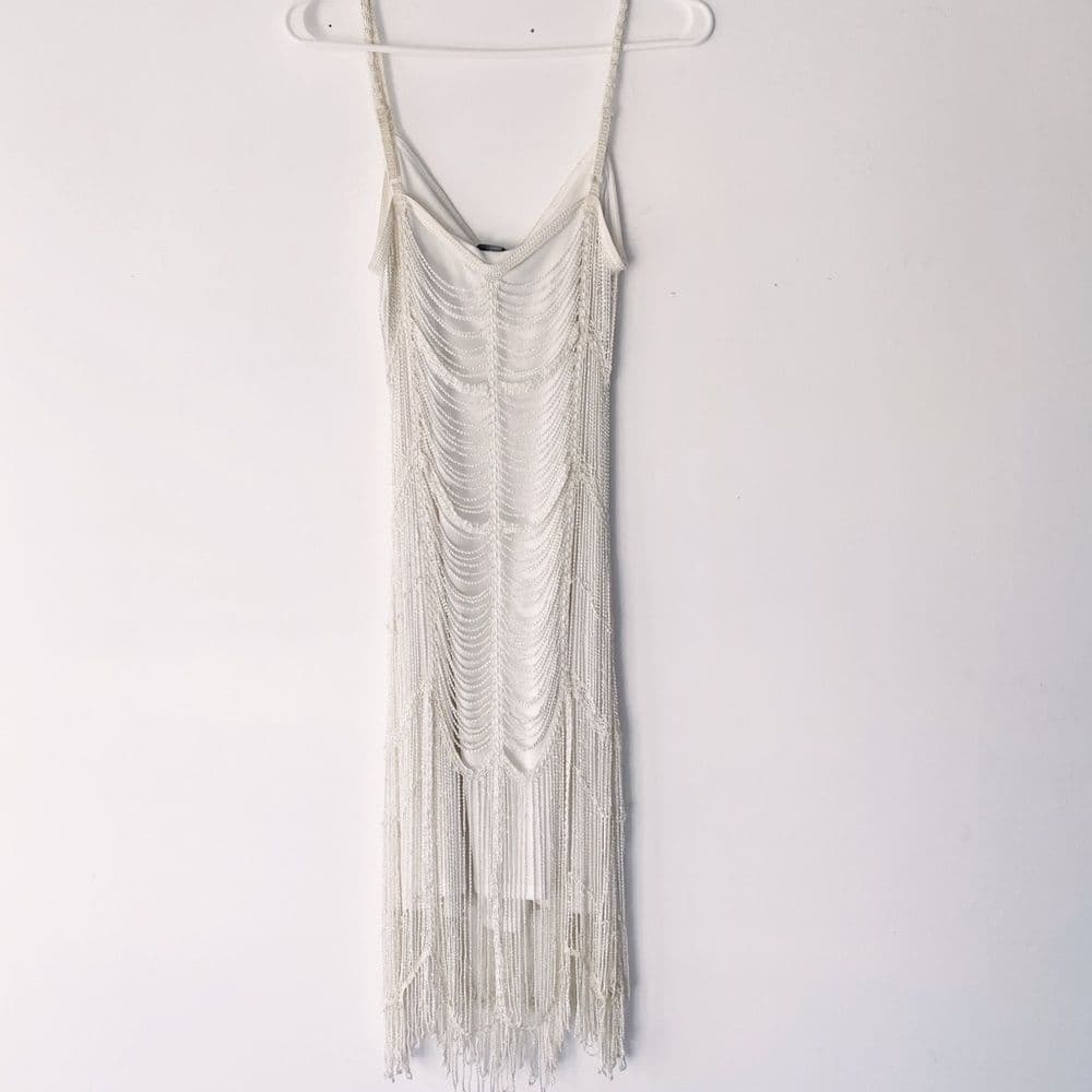 Marina Vintage Beaded Gatsby Style Fringe Dress Size Medium Slightly Off White - Thumbnail 10