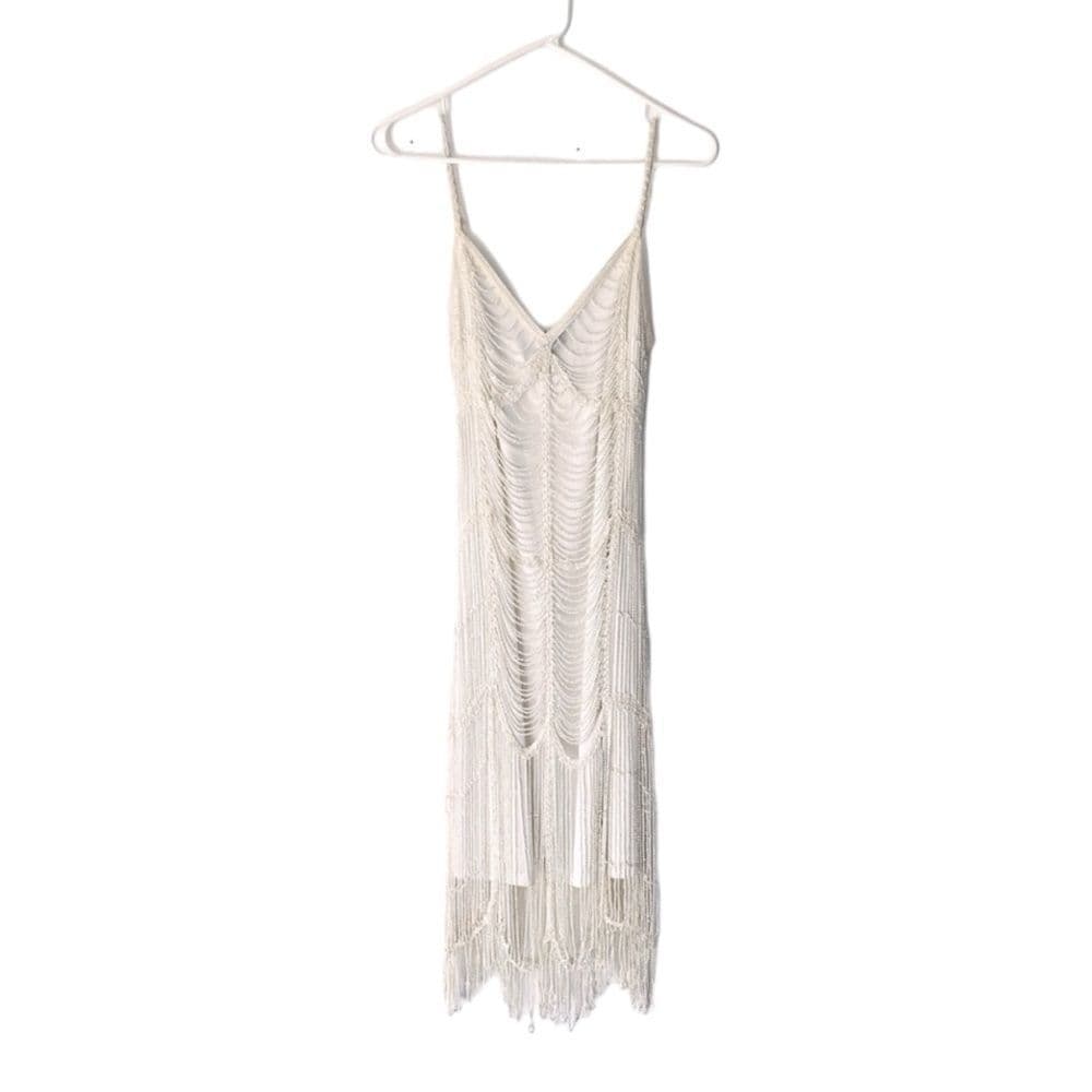 Marina Vintage Beaded Gatsby Style Fringe Dress Size Medium Slightly Off White - Thumbnail 11