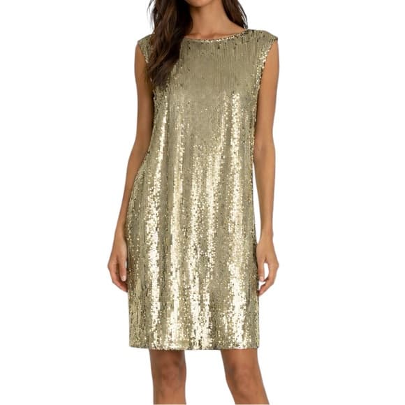 NWT Alice + Olivia Gold Sequin Sleeveless Shift Dress Party Cocktail Y2K Small - Thumbnail 10