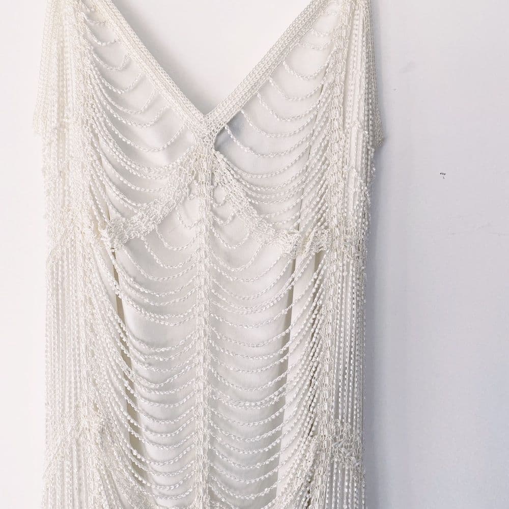 Marina Vintage Beaded Gatsby Style Fringe Dress Size Medium Slightly Off White - Thumbnail 2