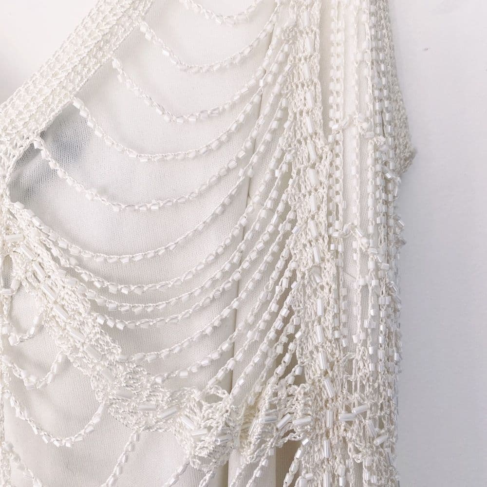 Marina Vintage Beaded Gatsby Style Fringe Dress Size Medium Slightly Off White - Thumbnail 5