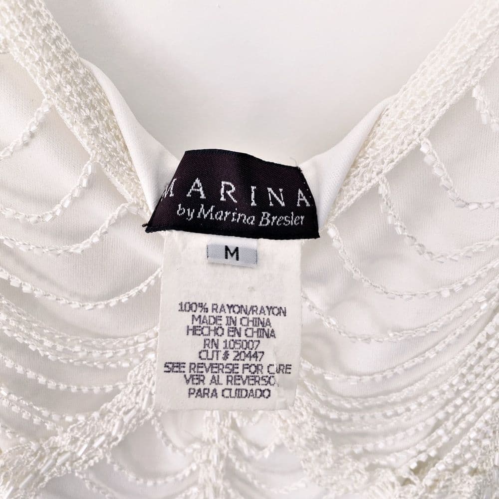 Marina Vintage Beaded Gatsby Style Fringe Dress Size Medium Slightly Off White - Thumbnail 9