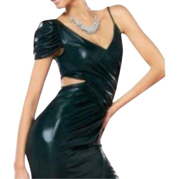 Bebe x Kardashians Black Shiny Metallic Ruched Mini Dress Size M Party Cocktail - Thumbnail 15