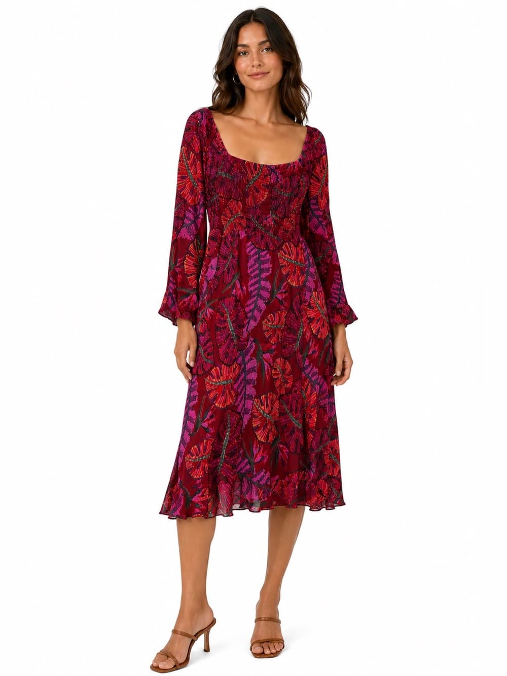 Farm Rio Delicate Leaves Midi Dress Red Tropical Leaf Print Size XL Resortwear - Thumbnail 14