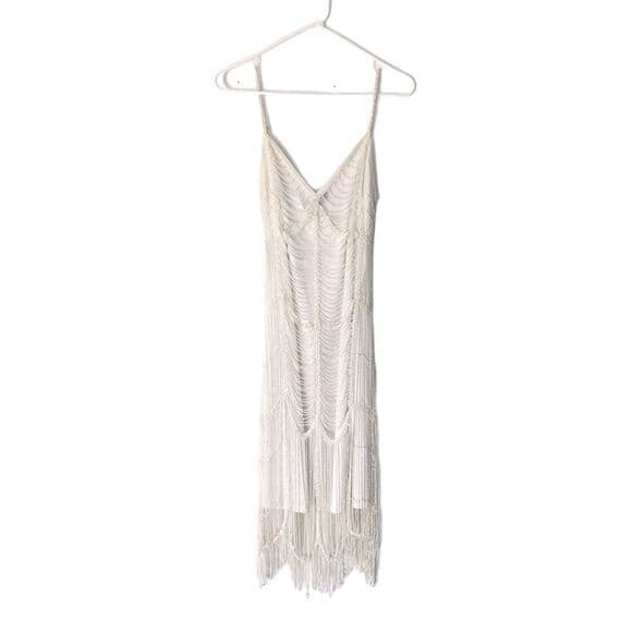 Marina Vintage Beaded Gatsby Style Fringe Dress Size Medium Slightly Off White - Thumbnail 12