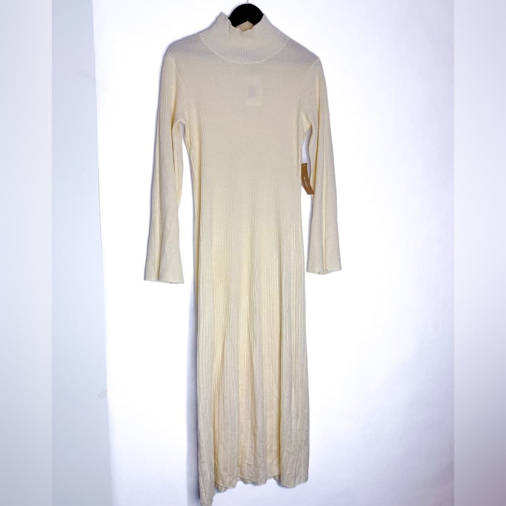 NWT Caara Cream Ribbed Knit High Neck Sweater Dress Wool Blend Size Medium - Thumbnail 6
