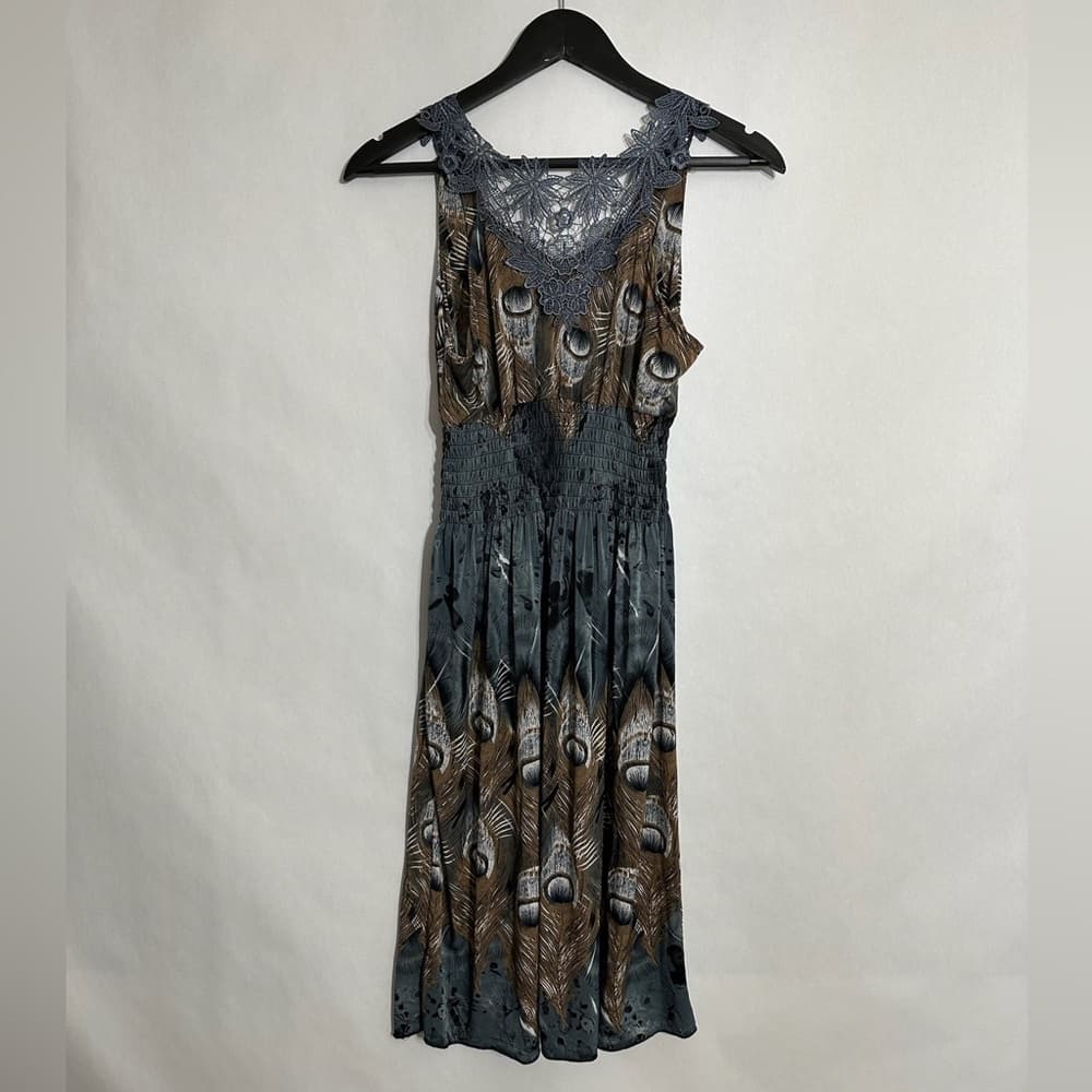 Peacock Feather Print Dress with Lace Detail Vintage Y2K Size Large - Thumbnail 3