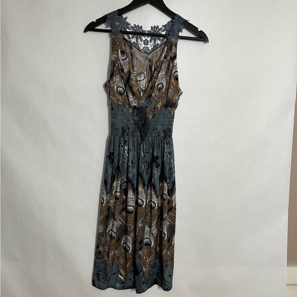 Peacock Feather Print Dress with Lace Detail Vintage Y2K Size Large