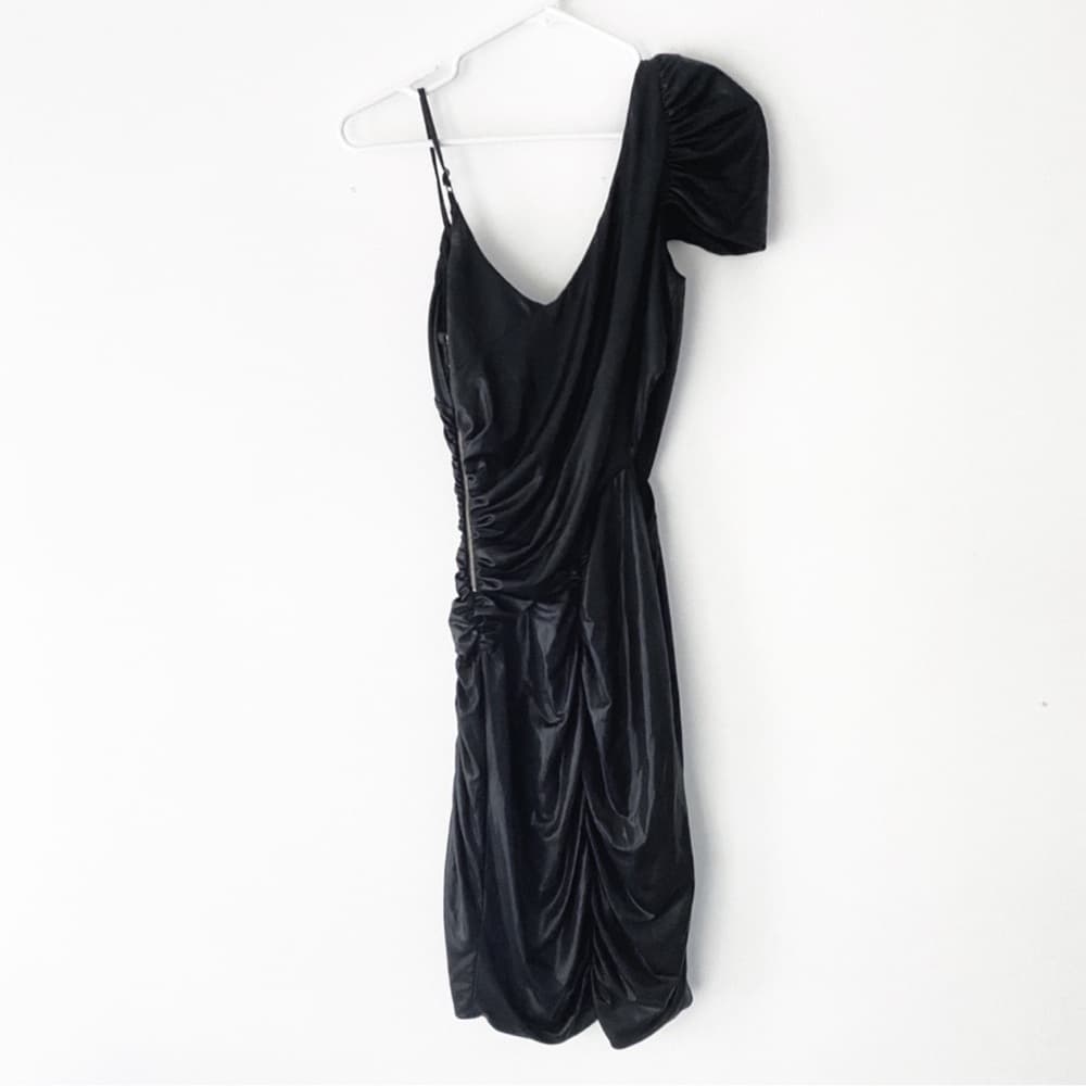Bebe x Kardashians Black Shiny Metallic Ruched Mini Dress Size M Party Cocktail - Thumbnail 3