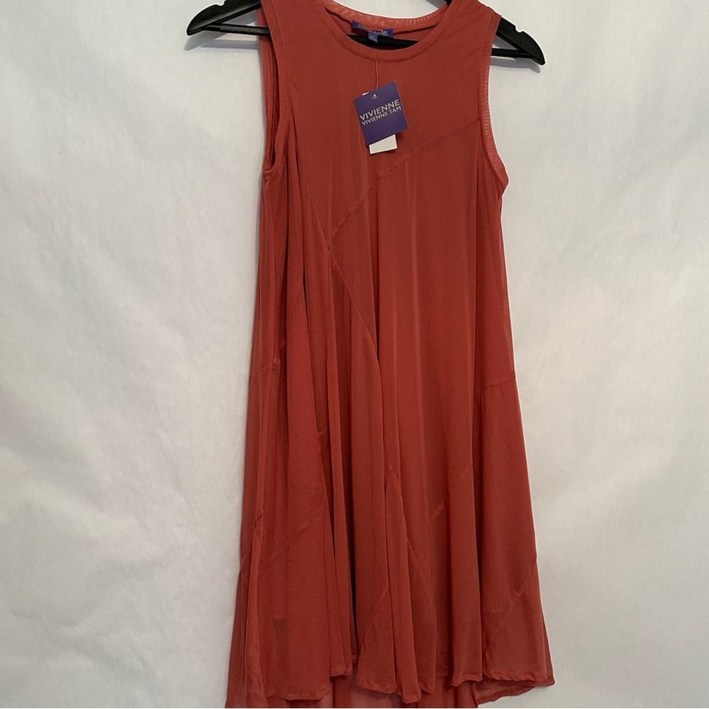 NWT Vivienne Vivienne Tam Burnt Coral Flowy Mesh Asymmetrical Tank Dress Small - Thumbnail 4