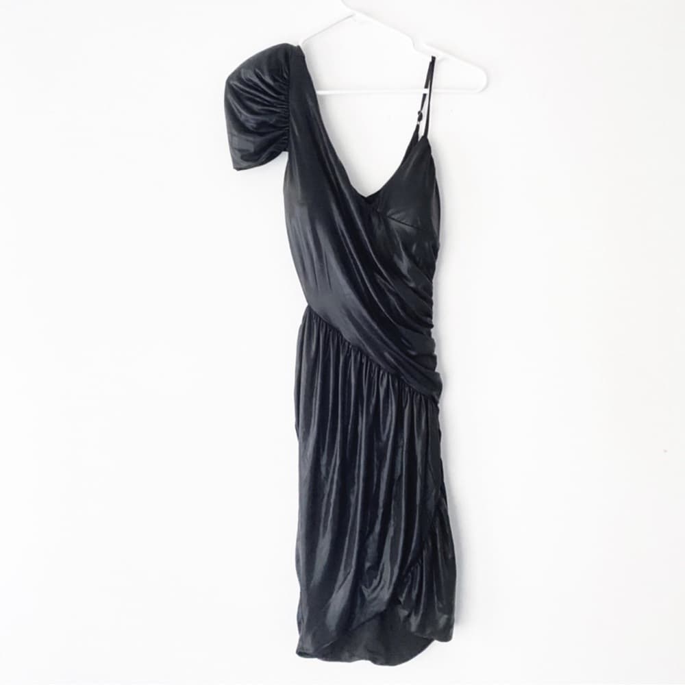 Bebe x Kardashians Black Shiny Metallic Ruched Mini Dress Size M Party Cocktail - Thumbnail 2