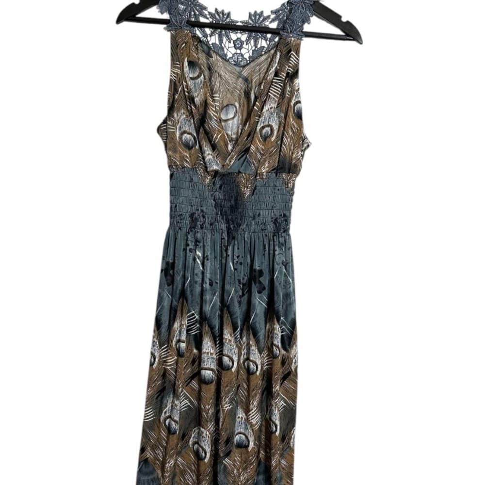 Peacock Feather Print Dress with Lace Detail Vintage Y2K Size Large - Thumbnail 6